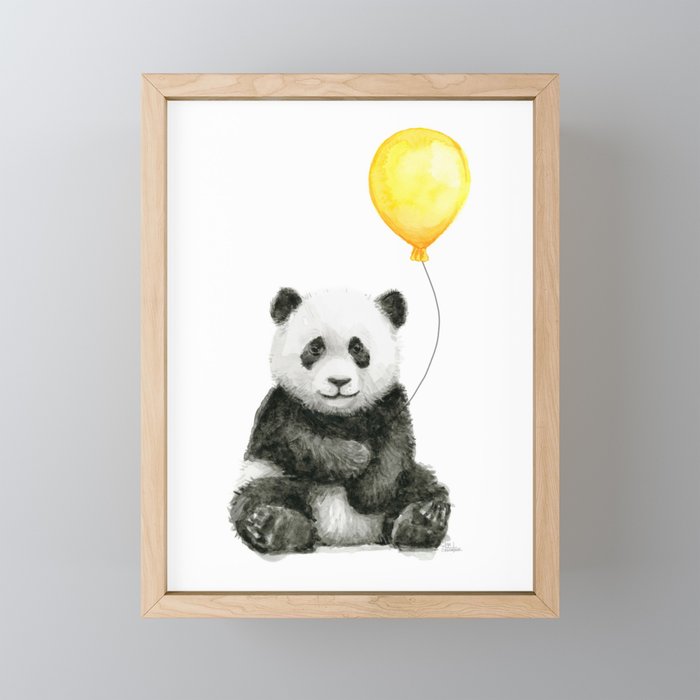 Panda Watercolor Animal with Yellow Balloon Nursery Baby Animals Framed Mini Art Print