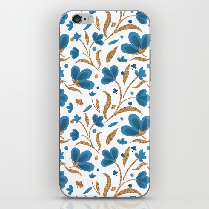 Cerulean blue and copper floral pattern iPhone Skin