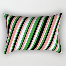 [ Thumbnail: Forest Green, Black, Light Coral & Light Cyan Colored Stripes/Lines Pattern Rectangular Pillow ]