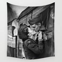 The Kiss - The Last Goodbye - Lovers kissing goodbye through open window on train black and white photograph Wall Tapestry