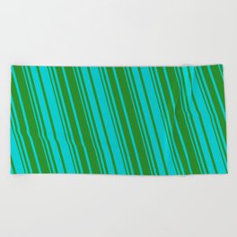 [ Thumbnail: Forest Green & Dark Turquoise Colored Striped Pattern Beach Towel ]