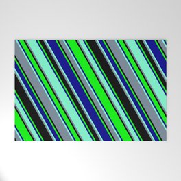 [ Thumbnail: Colorful Black, Lime, Dark Blue, Aquamarine, and Light Slate Gray Colored Lined Pattern Welcome Mat ]