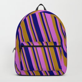 [ Thumbnail: Dark Goldenrod, Orchid, and Blue Colored Striped/Lined Pattern Backpack ]