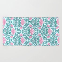 Diamond Shape Floral Pattern - Pink and Turquoise Beach Towel