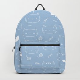 Pale Blue and White Doodle Kitten Faces Pattern Backpack