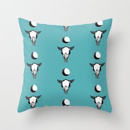 Cattle Skull and Crescent Moon Block Print Digital Art Throw Pillow