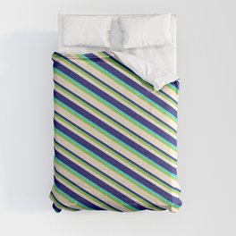 [ Thumbnail: Green, Beige, Midnight Blue & Turquoise Colored Lined/Striped Pattern Comforter ]