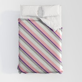 [ Thumbnail: Indigo, Dark Grey, Mint Cream, and Light Pink Colored Lines Pattern Duvet Cover ]