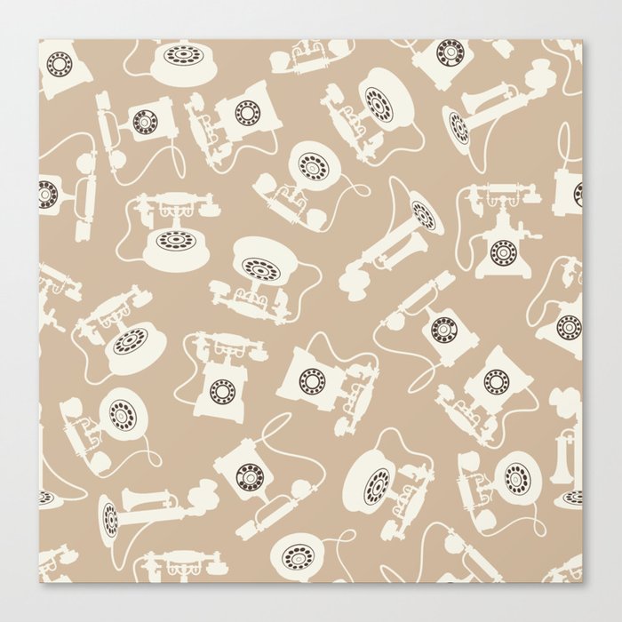 Vintage Rotary Dial Telephone Pattern on Biege Light Brown Canvas Print