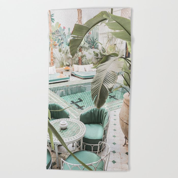 Travel Photography Art Print | Tropical Plant Leaves In Marrakech Photo | Green Pool Interior Design Beach Towel