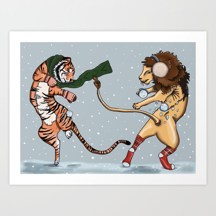 Lion and Tiger Snowball Dance Art Print
