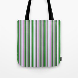 [ Thumbnail: Vibrant Forest Green, Dim Grey, Dark Sea Green, Plum, and Lavender Colored Lined/Striped Pattern Tote Bag ]