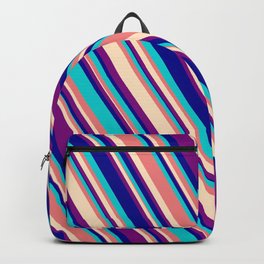 [ Thumbnail: Light Coral, Bisque, Purple, Dark Blue, and Dark Turquoise Colored Lined/Striped Pattern Backpack ]