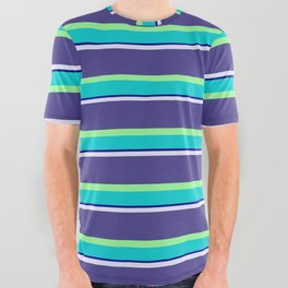 [ Thumbnail: Lavender, Dark Slate Blue, Green, Dark Turquoise & Dark Blue Colored Striped Pattern All Over Graphic Tee ]