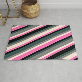 [ Thumbnail: Eye-catching Dark Slate Gray, Grey, Beige, Hot Pink, and Black Colored Lined/Striped Pattern Rug ]