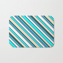 [ Thumbnail: Eye-catching Blue, Tan, White, Dark Slate Gray, and Cyan Colored Lined/Striped Pattern Bath Mat ]