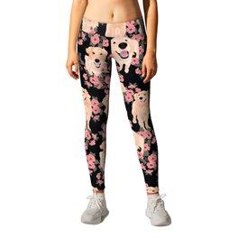 Golden Retrievers and flowers on Black Leggings | Puppy, Pattern, Goldenretrievers, Retriever, Golden, Graphicdesign, Digital, Goldenretriever, Flowers, Dogs 