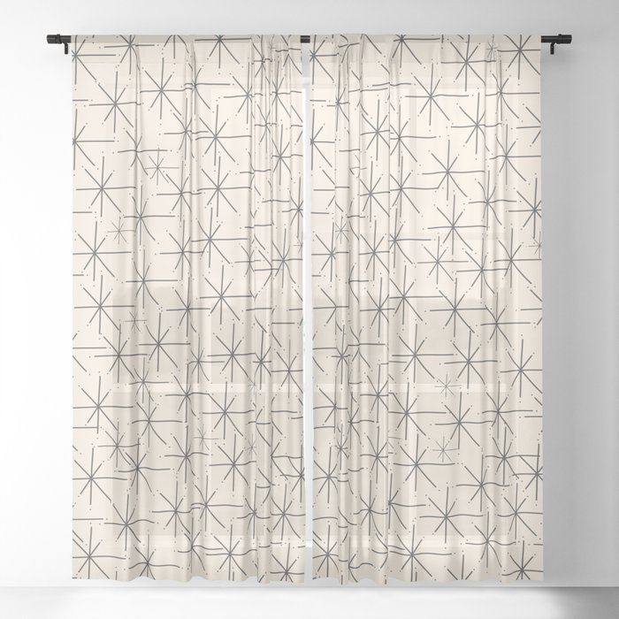 Stella - Atomic Age Mid Century Modern Starburst Pattern in Charcoal Gray and Almond Cream Sheer Curtain