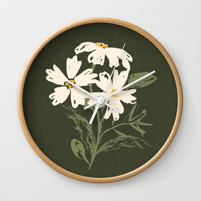 Three flowers on green background Wall Clock