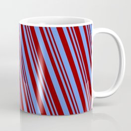 [ Thumbnail: Dark Red & Cornflower Blue Colored Lined/Striped Pattern Coffee Mug ]