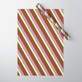 [ Thumbnail: Vibrant Green, White, Brown, Violet, and Black Colored Lines/Stripes Pattern Wrapping Paper ]