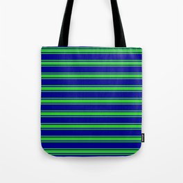 [ Thumbnail: Dark Blue and Lime Green Colored Stripes/Lines Pattern Tote Bag ]