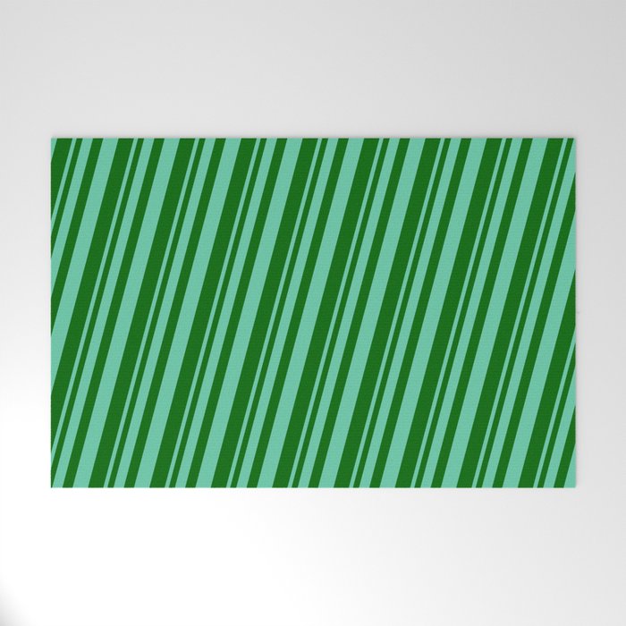 Aquamarine and Dark Green Colored Pattern of Stripes Welcome Mat