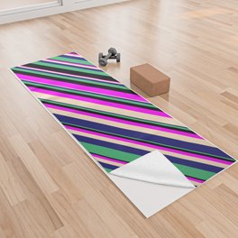 [ Thumbnail: Eyecatching Fuchsia, Bisque, Midnight Blue, Sea Green & Black Colored Lines/Stripes Pattern Yoga Towel ]