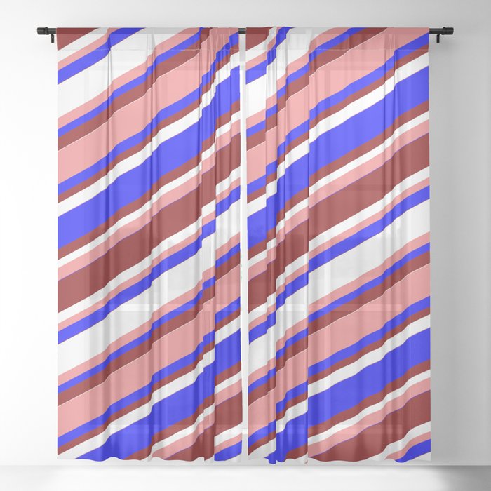 Light Coral, Blue, Maroon, and White Colored Stripes Pattern Sheer Curtain