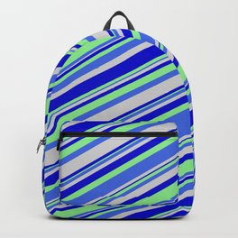 [ Thumbnail: Light Green, Royal Blue, Light Grey, and Blue Colored Lines Pattern Backpack ]