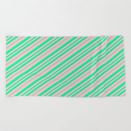[ Thumbnail: Pink & Green Colored Lined Pattern Beach Towel ]