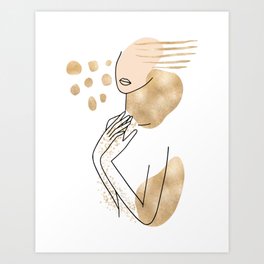 Abstract Line Art Woman With Gold Shapes Art Print