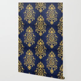Navy Blue & Gold Damask Flower Pattern Wallpaper