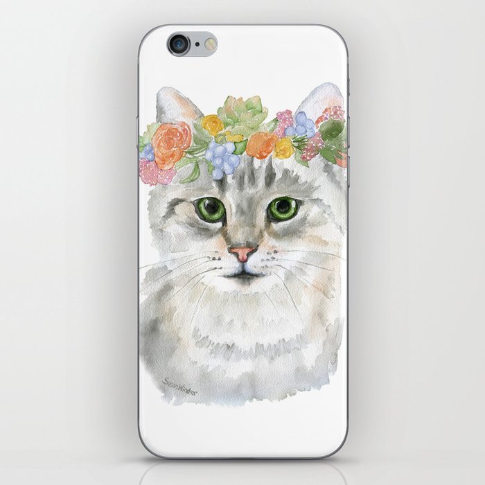 Gray Tabby Cat Floral Wreath Watercolor iPhone Skin