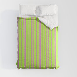 [ Thumbnail: Light Green & Violet Colored Pattern of Stripes Comforter ]