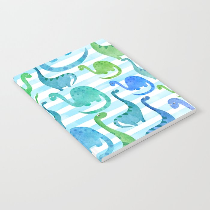 Watercolor Dinosaur Stripe Blue Notebook