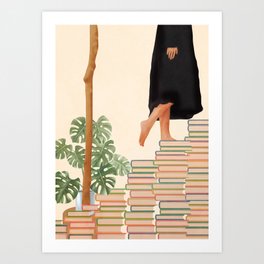 Books Art Print | Books, Stepping, Branches, Dress, Walking, Up, Stacked, Woman, Curated, Girl 