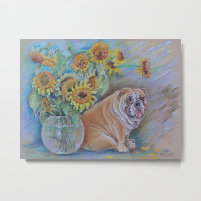 Bull Gogh van Dog Sunflowers & Bulldog Pastel drawing Funny pastiche of van Gogh's painting Metal Print