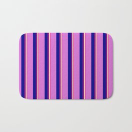 [ Thumbnail: Deep Pink, Beige, Purple, Dark Blue, and Orchid Colored Stripes Pattern Bath Mat ]