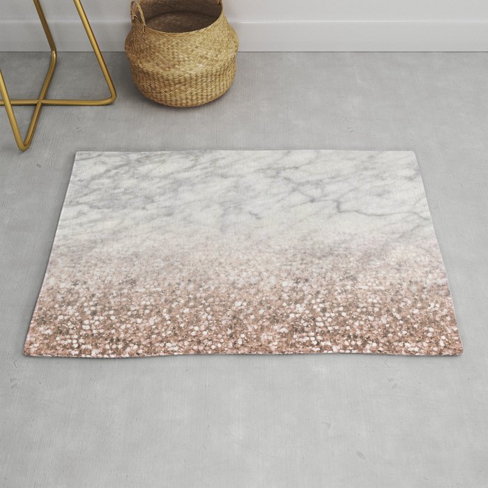 Bold ombre rose gold glitter - white marble Rug