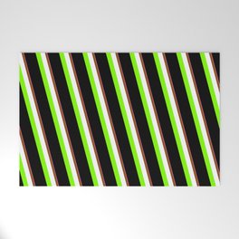 [ Thumbnail: Eyecatching Hot Pink, Brown, White, Chartreuse & Black Colored Pattern of Stripes Welcome Mat ]