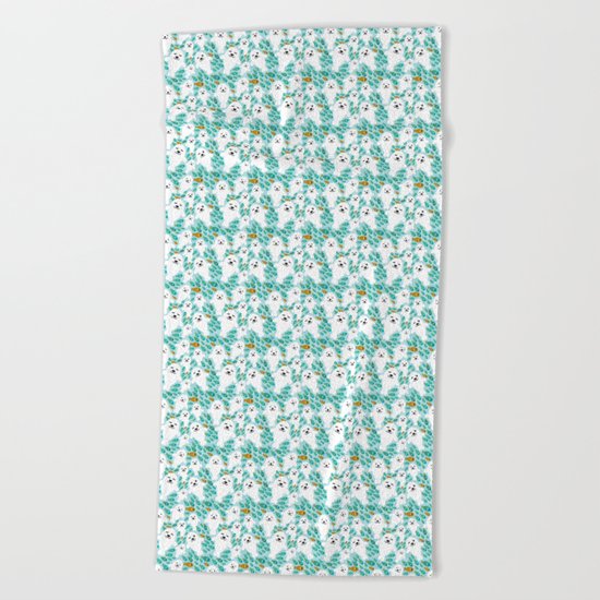 White cute fur seal and fish in water Beach Towel