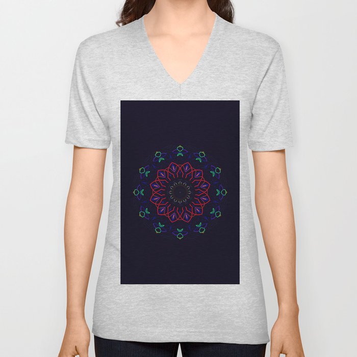 Bird and Flower Mandala in Black V Neck T Shirt