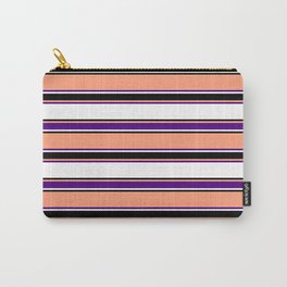 [ Thumbnail: Light Salmon, Indigo, White, and Black Colored Striped Pattern Carry-All Pouch ]