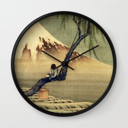 Katsushika Hokusai Boy Viewing Mount Fuji Wall Clock | Boy, Katsushikahokusai, Mountain, Boyviewingmountfuji, Woodcut, Artistic, Nature, Painting, Flue, Woodblock 