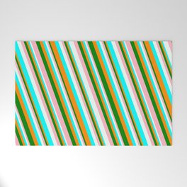 [ Thumbnail: Vibrant Dark Orange, Green, Light Pink, Mint Cream, and Aqua Colored Striped/Lined Pattern Welcome Mat ]