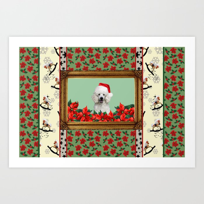 Gold Baroque Frame White Poodle - Christmas Passionate Flower pattern Art Print