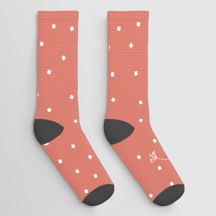 flying dandelion seeds simple Christmas seamless pattern and Snow White Confetti on Coral Orange Pattern Background Socks