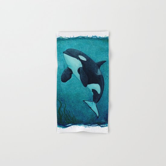 "The Matriarch" by Amber Marine ~ Orca / Killer Whale (J2 Granny) Watercolor Painting, (c) 2016 Hand & Bath Towel