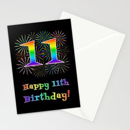 [ Thumbnail: 11th Birthday - Fun Rainbow Spectrum Gradient Pattern Text, Bursting Fireworks Inspired Background Stationery Cards ]